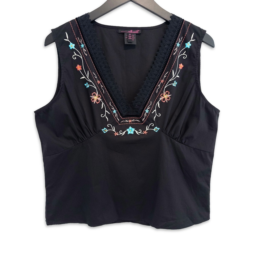 Willi Smith Embroidered Top Womens 12 Black Floral Sleeveless V-Neck Boho Style
